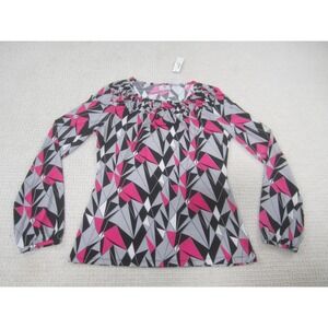 Worthington Shirt Womens Small Pink Black Gray Geometric Stretch Long Sleeve